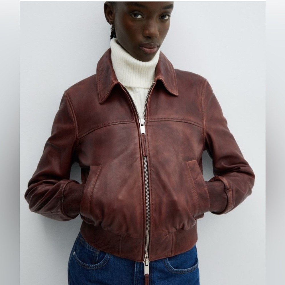 Mango MNG Brown Leather Bomber Cropped Jacket Medium  RARE